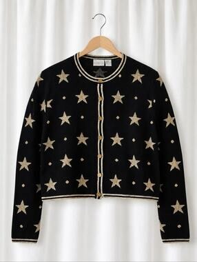 First Issue Chic Celestial Star Black Metallic Gold Button Front Knit Cardigan